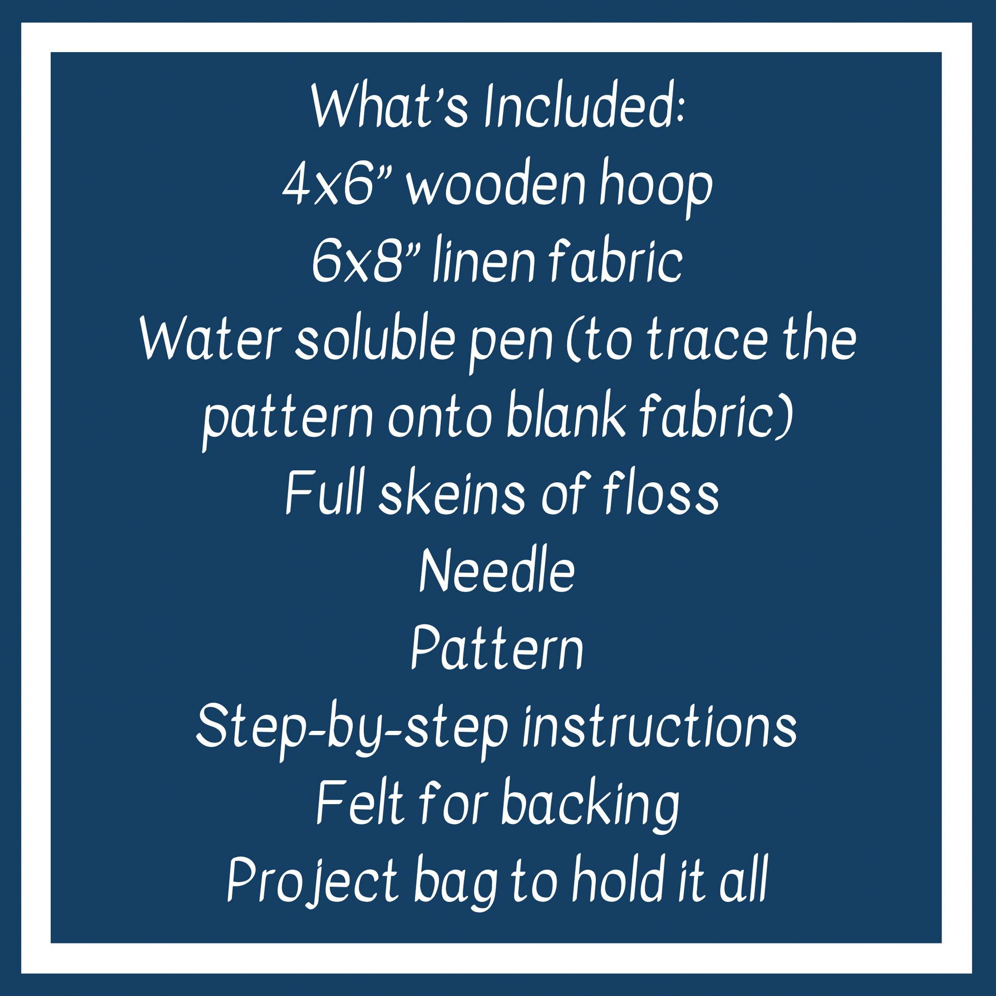 List of included items for a embroidery kit on a blue background