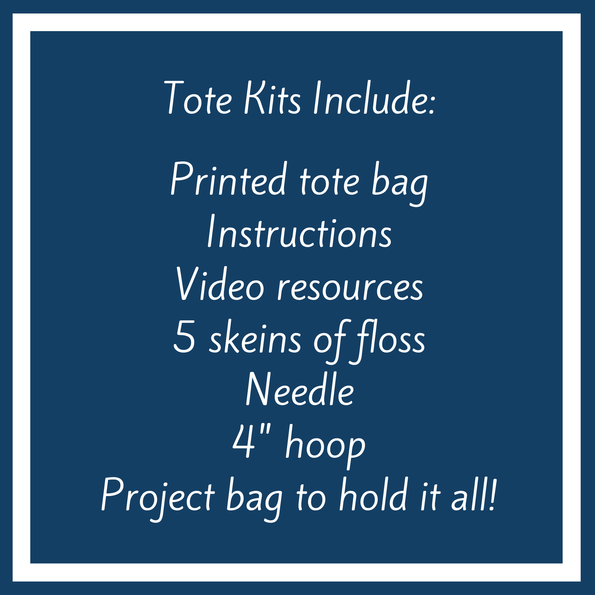 List of items included in a tote kit on a blue background