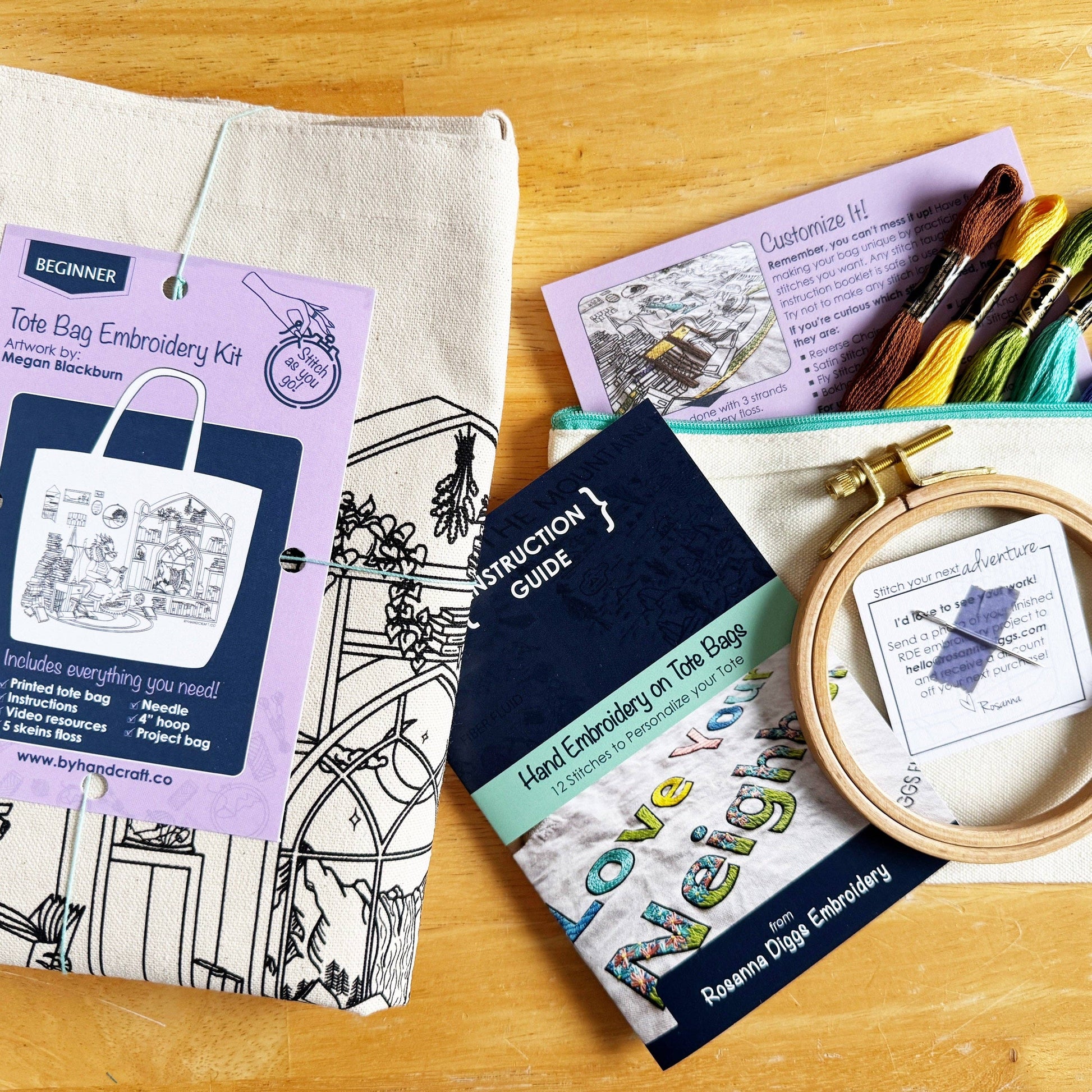 Embroidery kit with materials on a wooden surface
