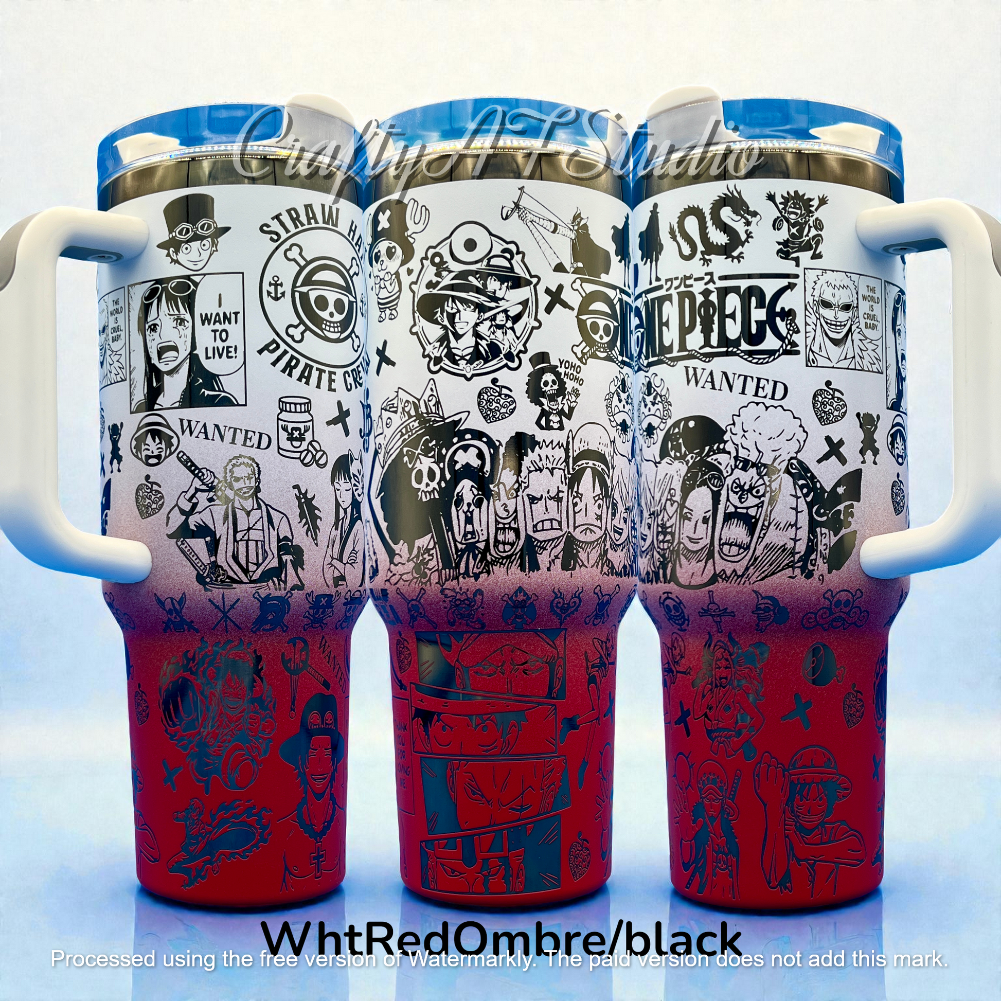 Three travel mugs with black and white anime designs, red ombre base, and white handles.