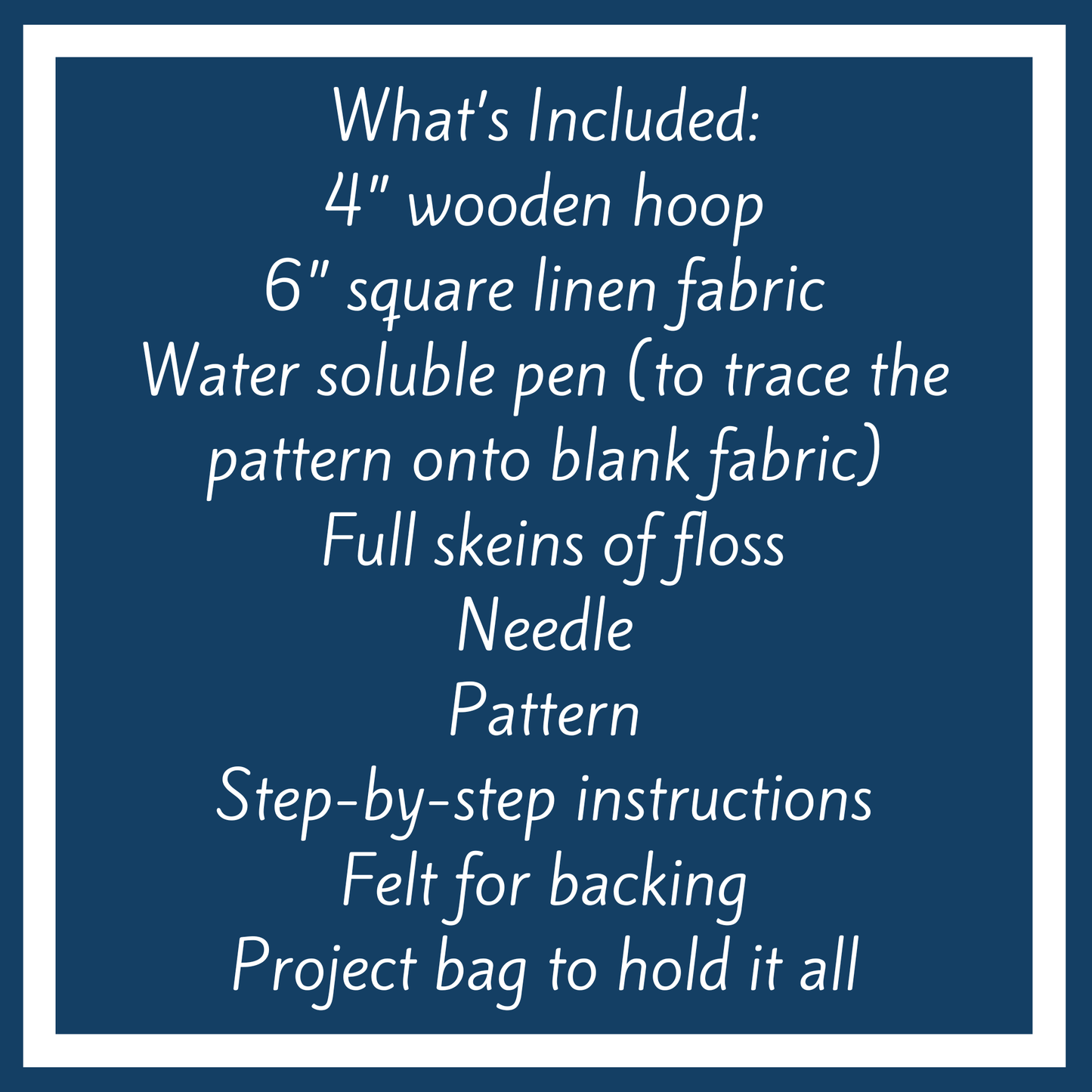 List of included items for a craft kit on a blue background