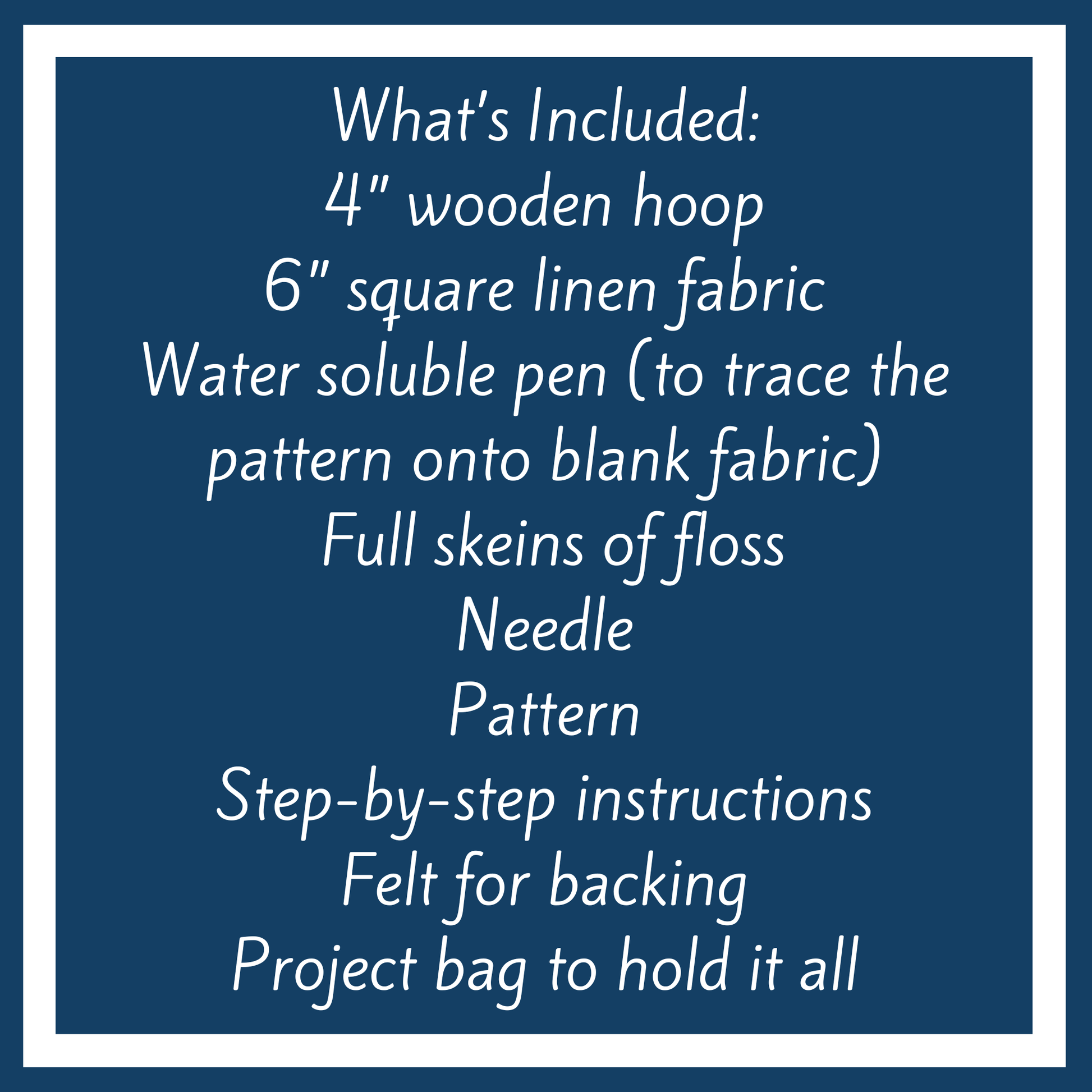List of included items for a craft kit on a blue background