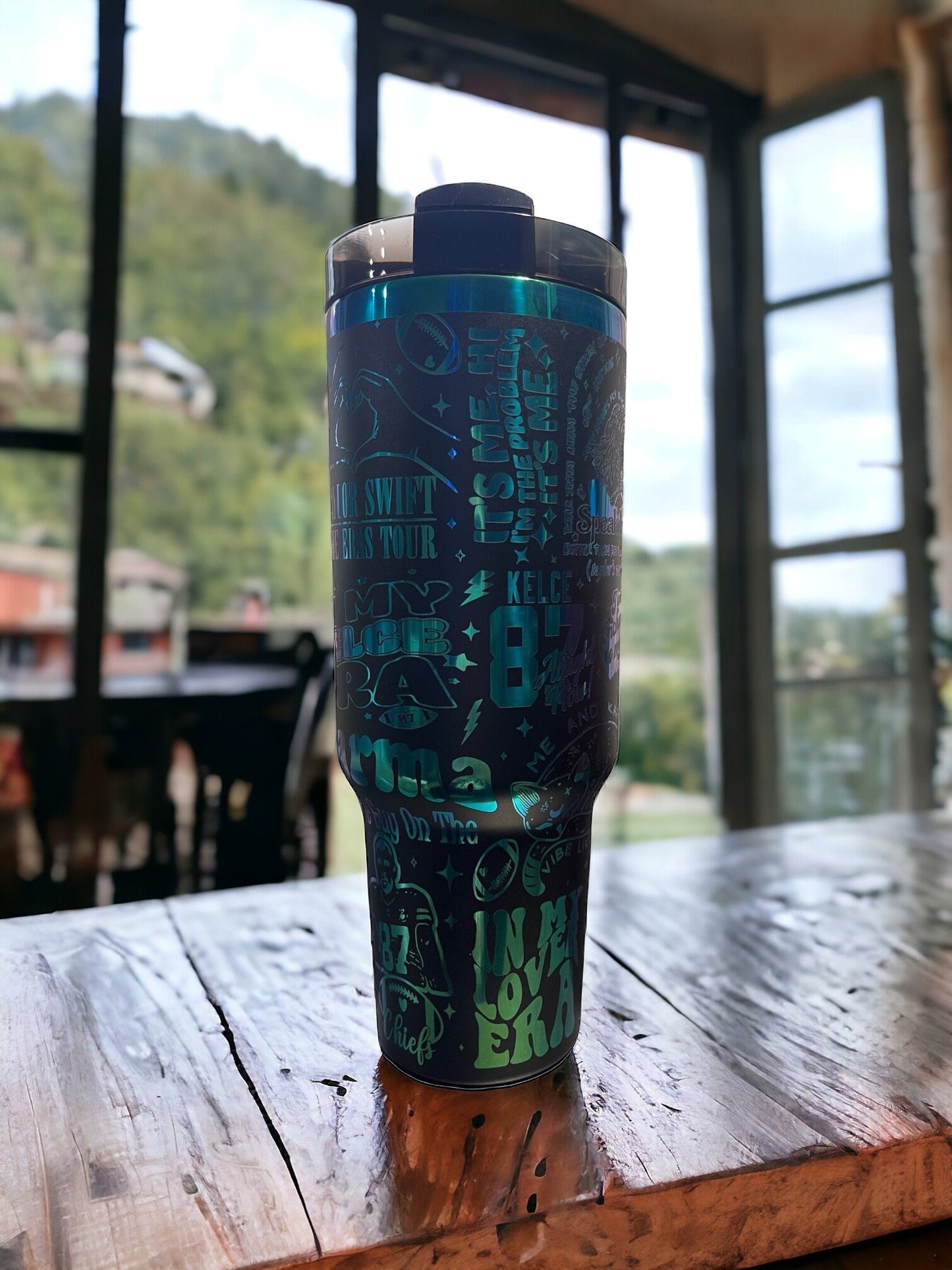 Taylor and Kelce Era Rainbow Engraved Tumbler 40oz handle Super Bowl Chiefs teal Swift