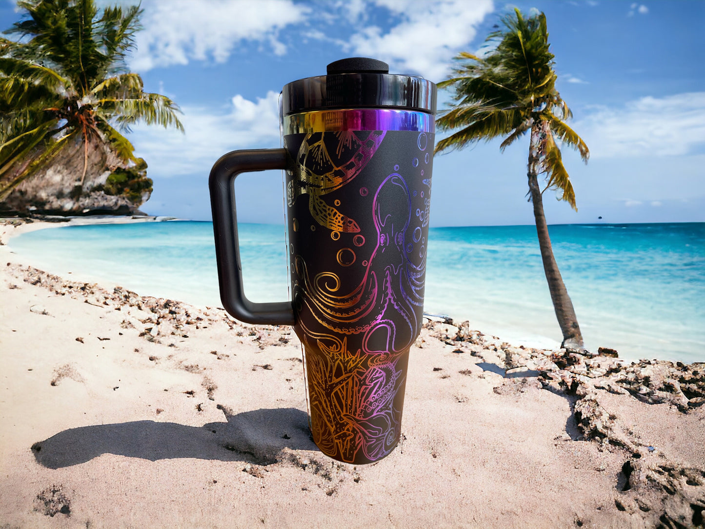 Underwater nautical Scene turtles and octopus  Rainbow laser Engraved Tumber 40oz