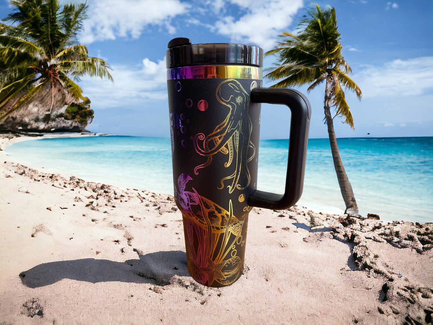 Underwater nautical Scene turtles and octopus  Rainbow laser Engraved Tumber 40oz