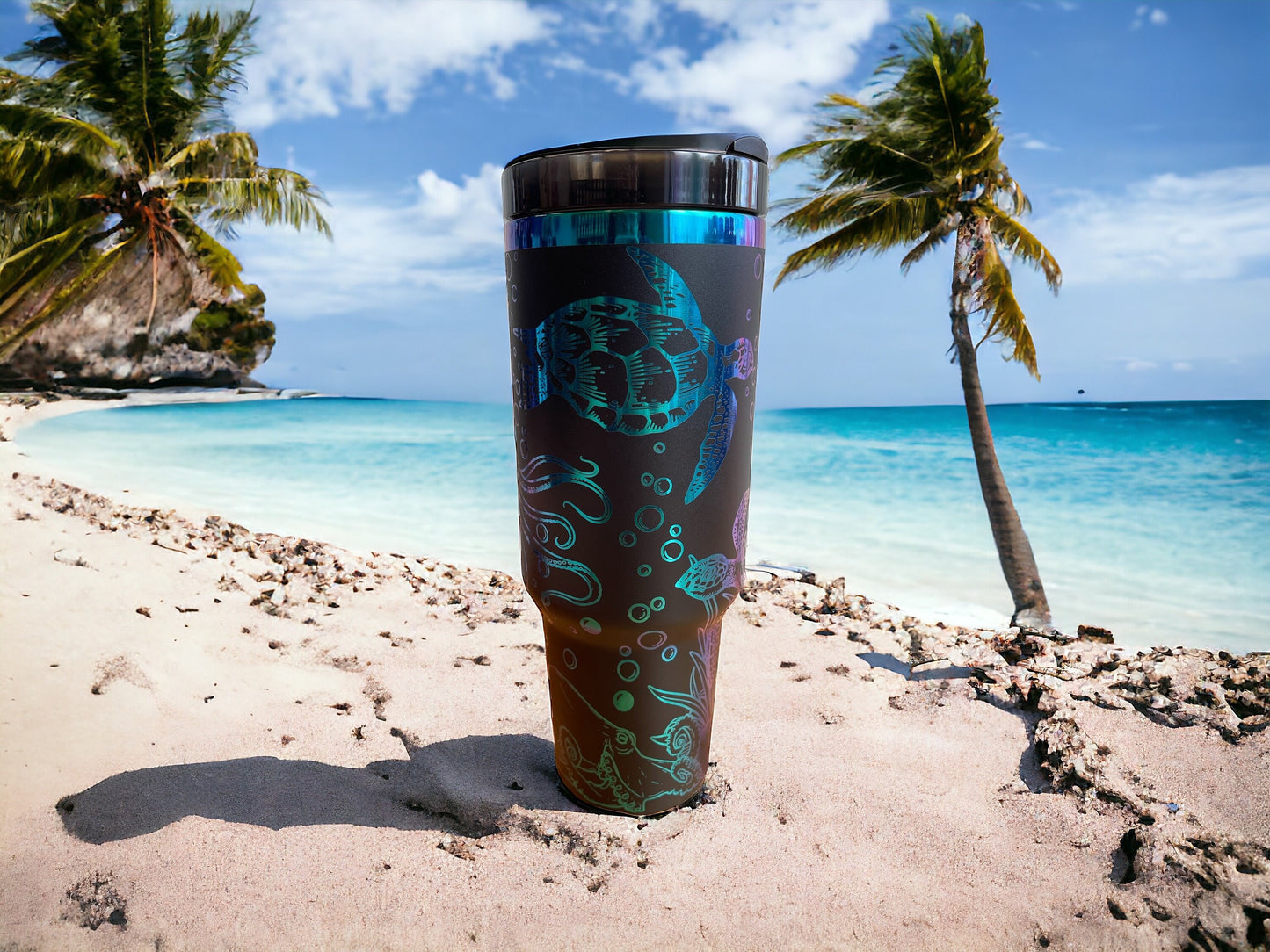 Underwater nautical Scene turtles and octopus  Rainbow laser Engraved Tumber 40oz