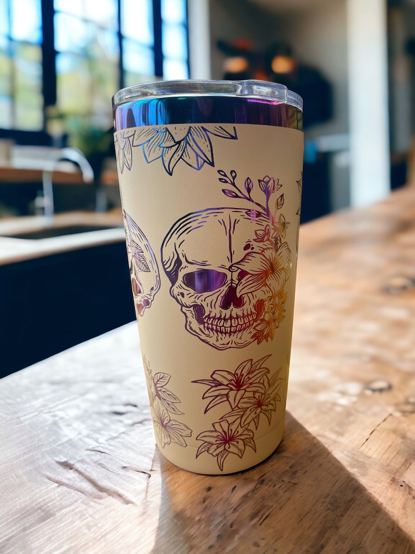 Skulls and Flowers FU Rainbow laser Engraved Tumbler 20oz snarky rude