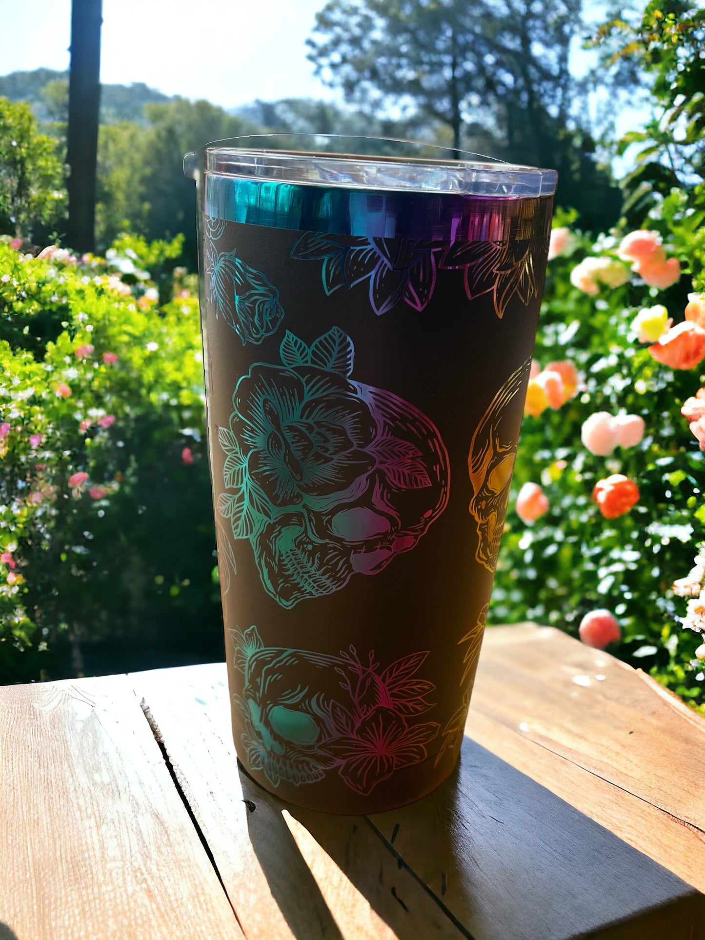 Skulls and Flowers FU Rainbow laser Engraved Tumbler 20oz snarky rude