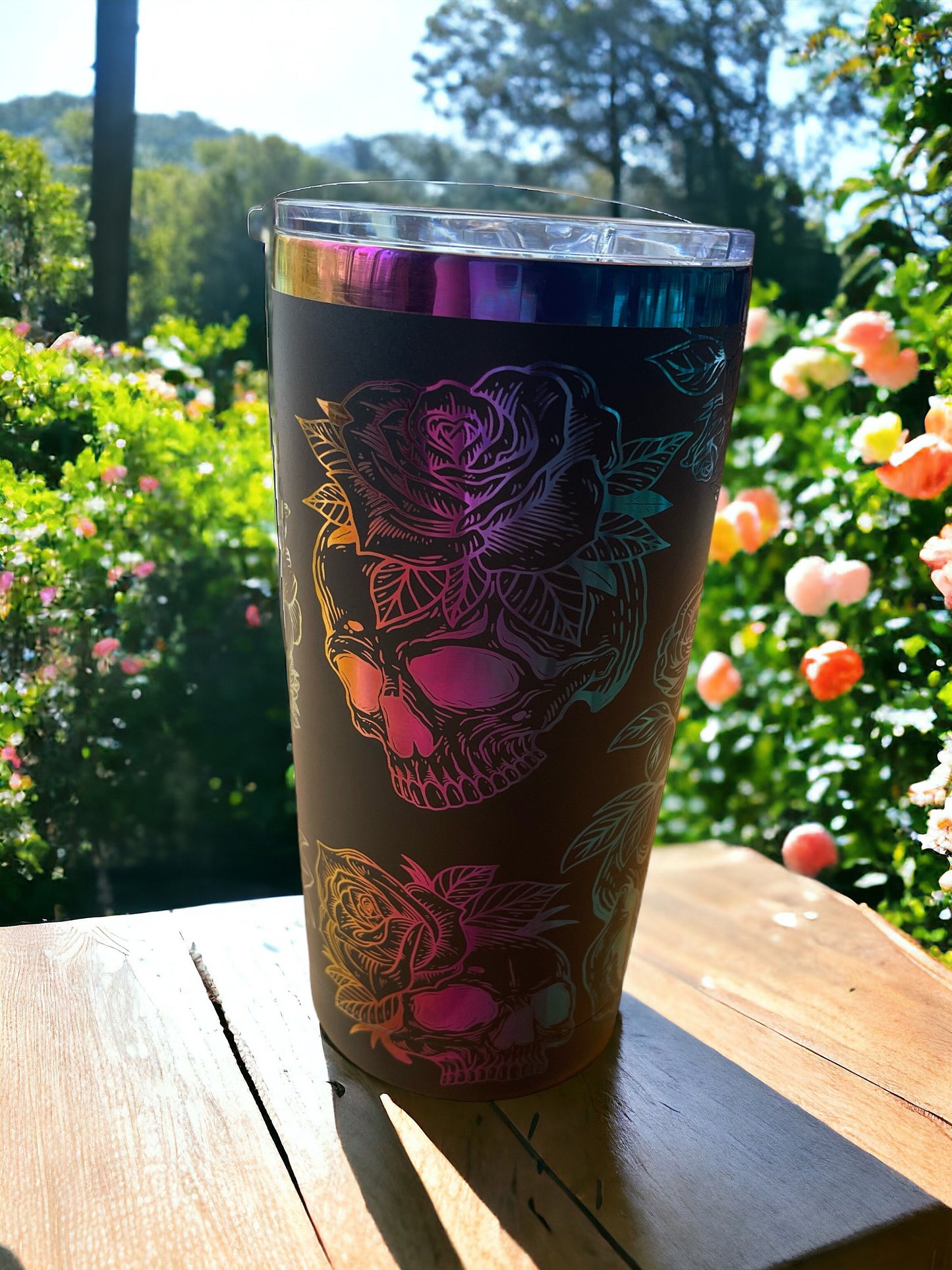 Skulls and Flowers FU Rainbow laser Engraved Tumbler 20oz snarky rude