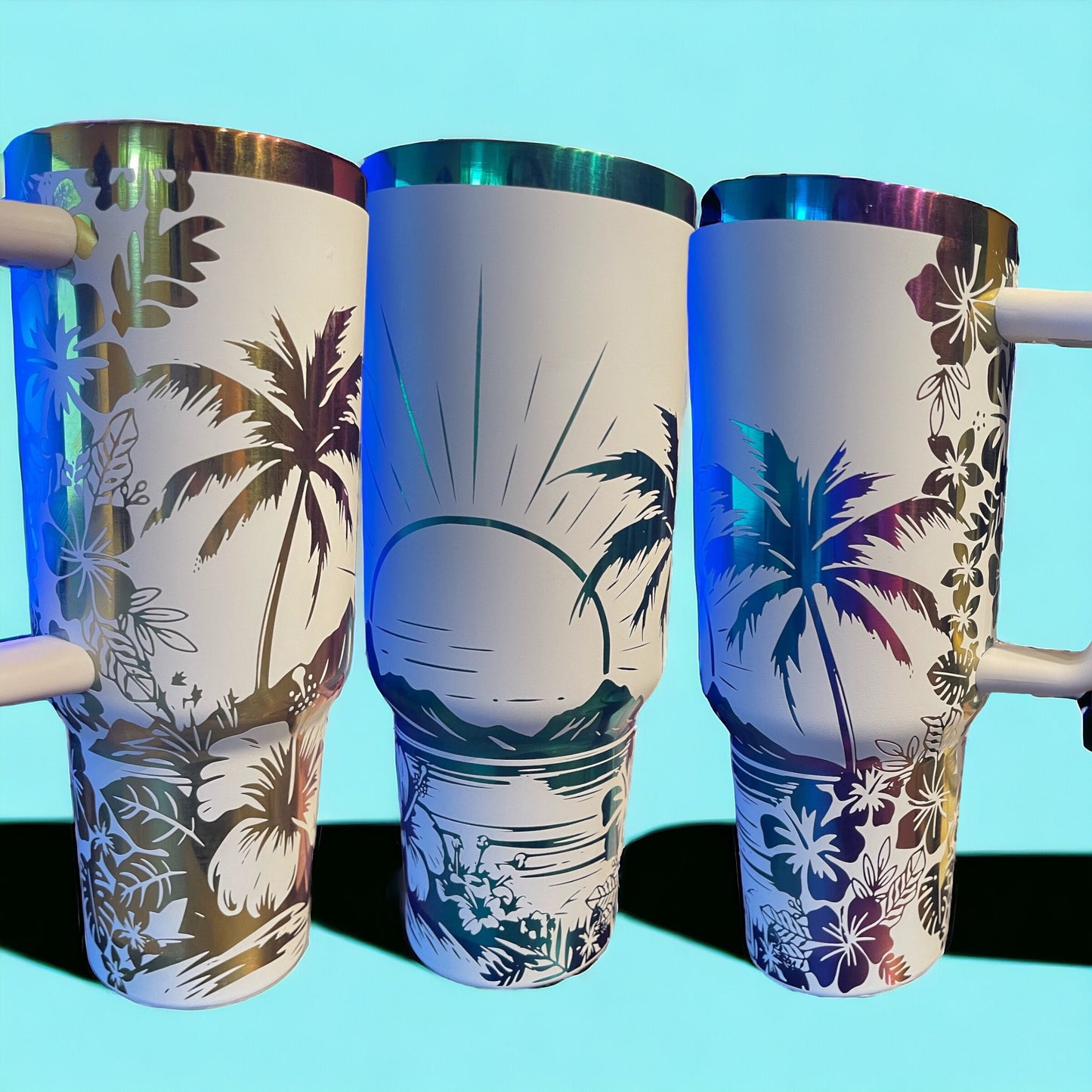 Tropical Beach and Flowers Summer themed Rainbow laser Engraved Tumber 40oz