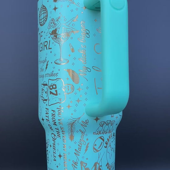 40oz Taylor Swift "Life of a Showgirl" themed Laser engraved tumbler. Teal with brushed gold engraving. 