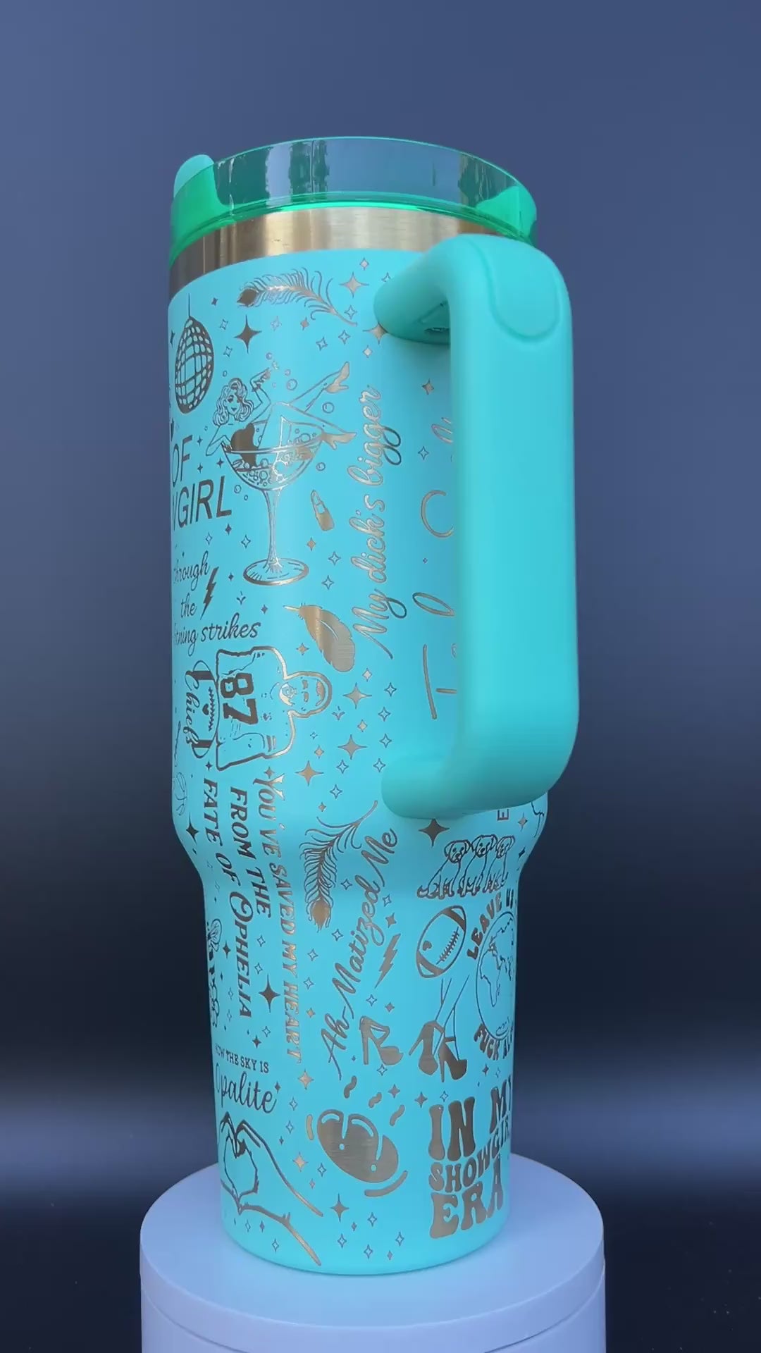 40oz Taylor Swift "Life of a Showgirl" themed Laser engraved tumbler. Teal with brushed gold engraving. 