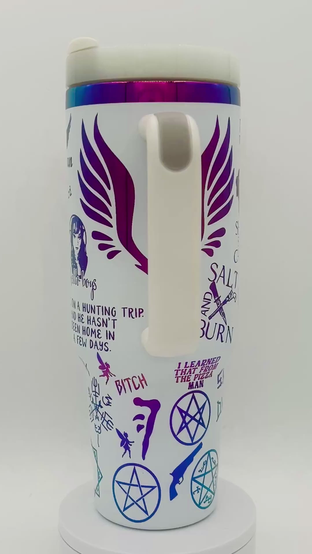 40oz Supernatural TV series themed tumbler with Handle. Full rotation video