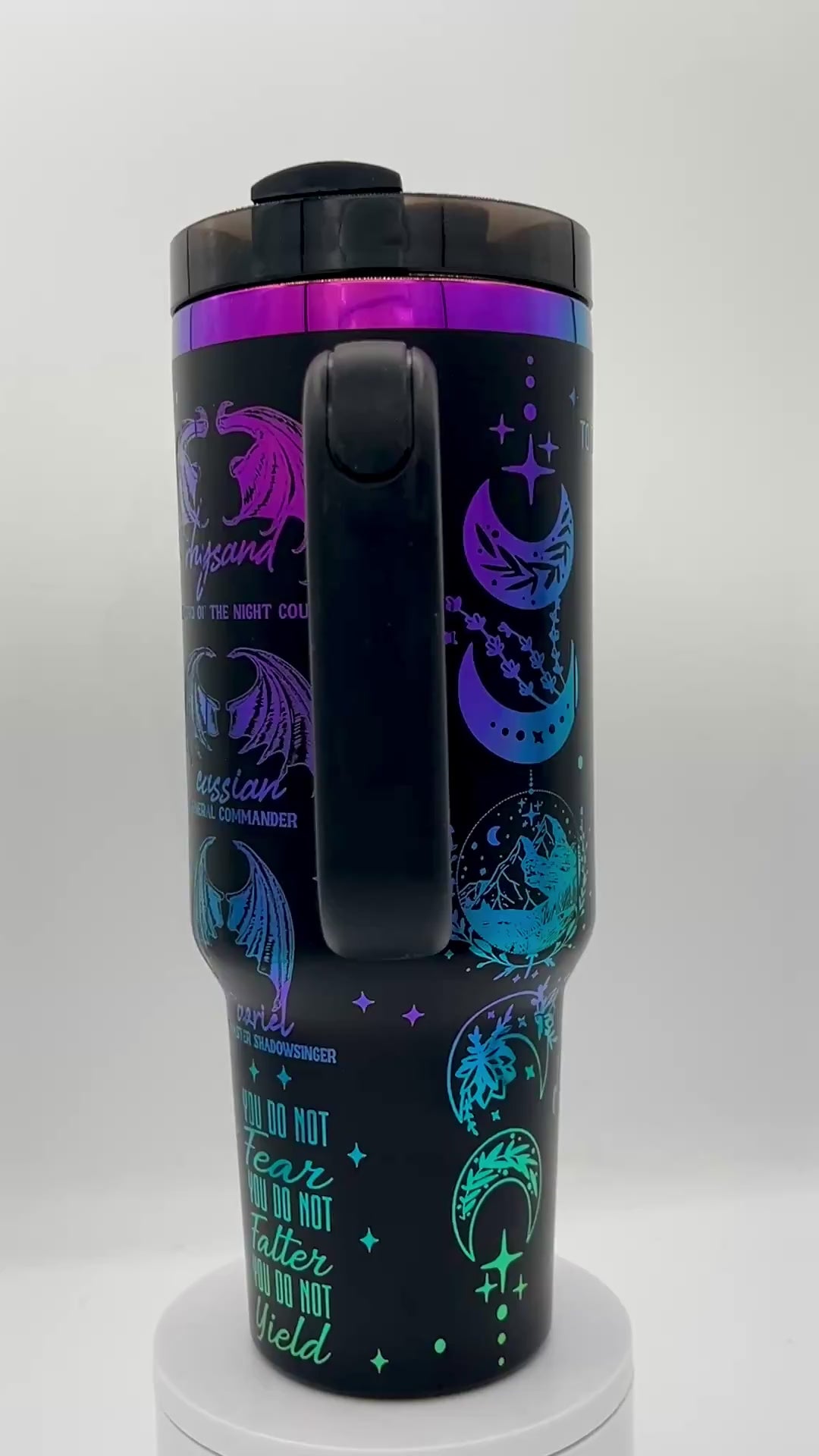 30oz Acotar Velaris City of Starlight engraved tumbler. Black powder coating with rainbow engraving. 