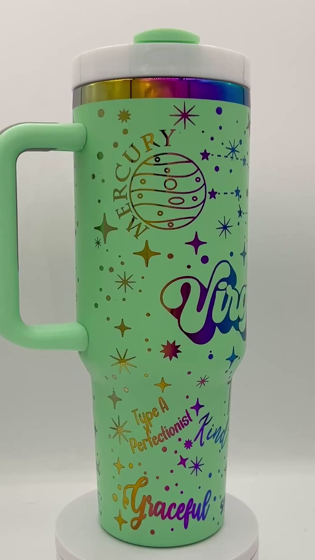 40oz Virgo Zodiac Astrological sign themed laser engraved tumbler. Mint powder coating with rainbow engraving. The Virgin snarky zodiac nutrition facts.