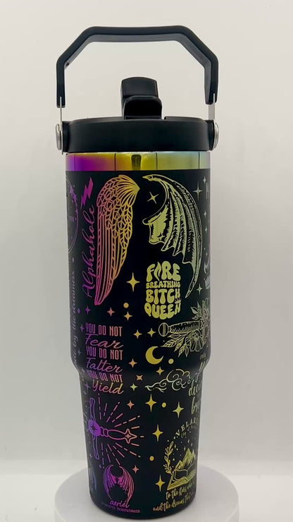 30oz Acotar TOG Crescent City Maasverse Engraved tumbler black powder coat with rainbow engraving. Spill Proof Lid. Full Video