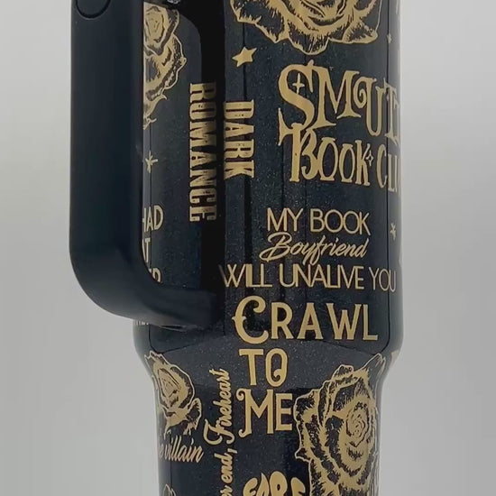 40oz Smutty book club smutslut themed tumbler with Handle. Dark romance, romantasy, romance books, fantasy, trigger warnings, filthy and smutty, smut and coffee