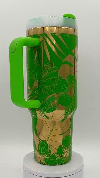 40oz Tropical Flower Paradise - Monstera and Habiscus themed laser engraved Tumbler