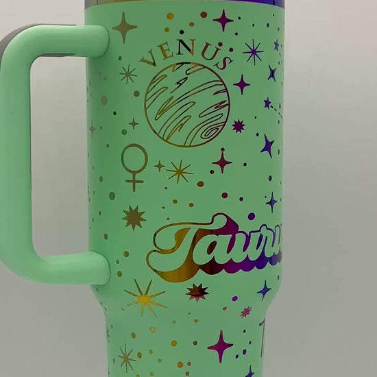 40oz Taurus Zodiac Astrological sign themed laser engraved tumbler. Mint powder coating with rainbow engraving. The Bull snarky zodiac nutrition facts.