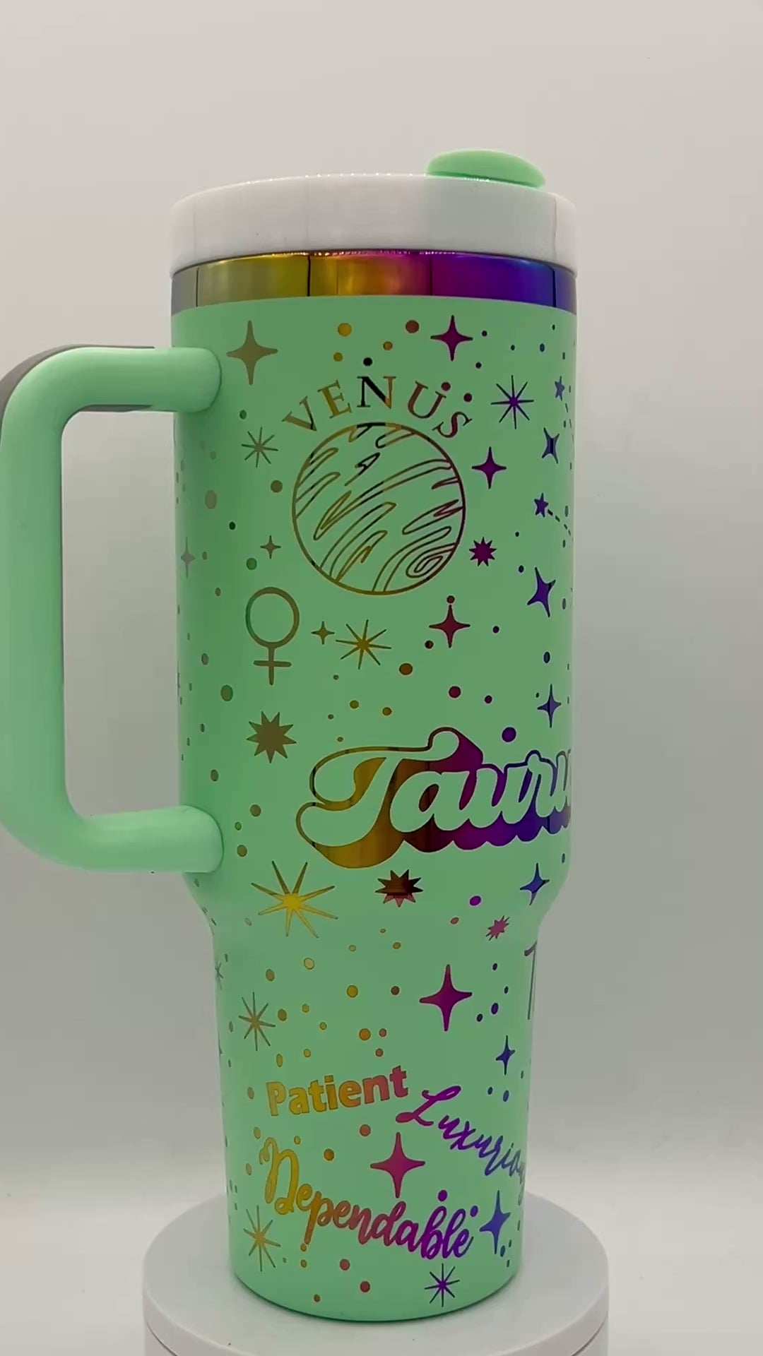 40oz Taurus Zodiac Astrological sign themed laser engraved tumbler. Mint powder coating with rainbow engraving. The Bull snarky zodiac nutrition facts.