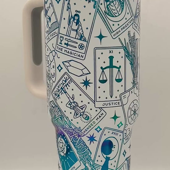 40oz Tarot Card themed laser engraved tumbler. Moths, sage, tarot cards, crystals, stars