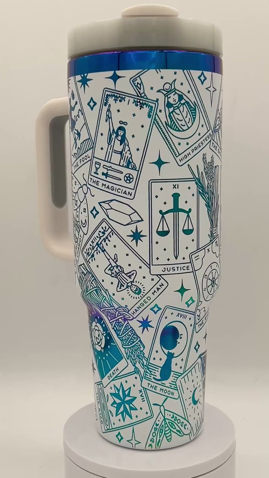 40oz Tarot Card themed laser engraved tumbler. Moths, sage, tarot cards, crystals, stars