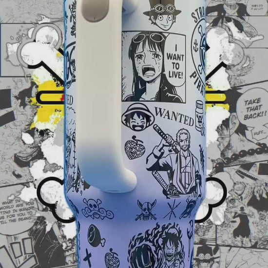 Blue and white mug with manga-style pirate illustrations and comic panels in the background.