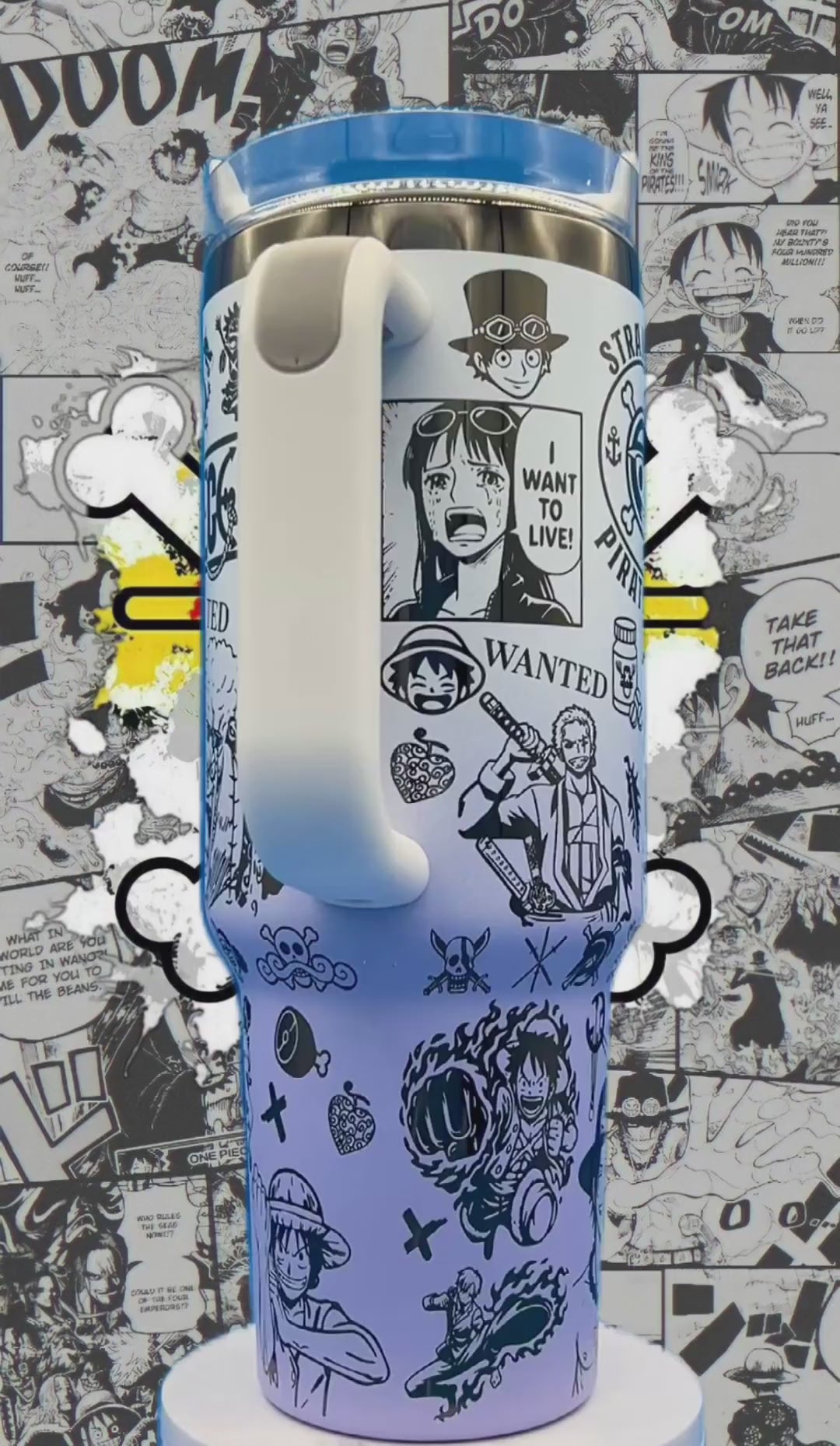 Blue and white mug with manga-style pirate illustrations and comic panels in the background.