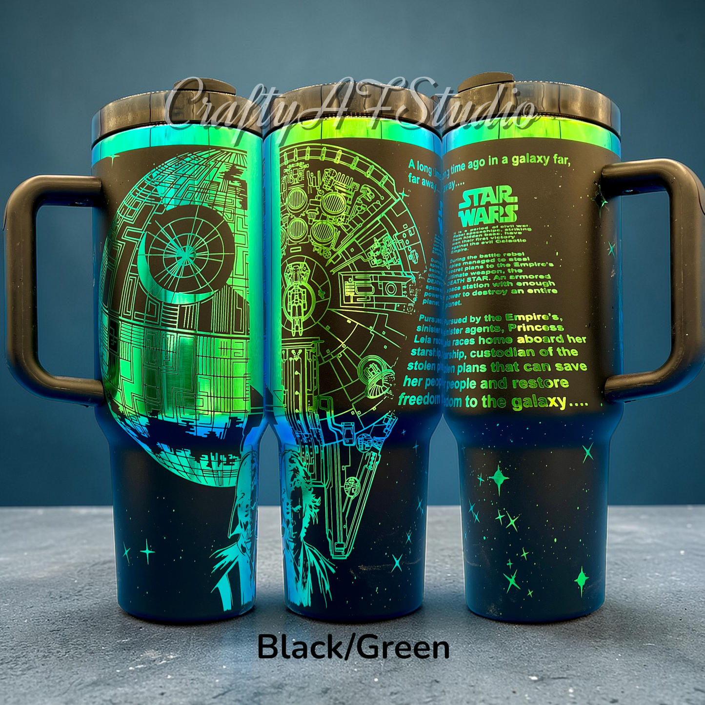 Star W. Light Vs. Dark opening Crawl collage laser engraved tumbler Galaxy Wars 40oz