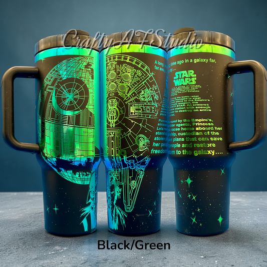 40oz Star W. Light vs Dark opening crawl laser engraved tumbler