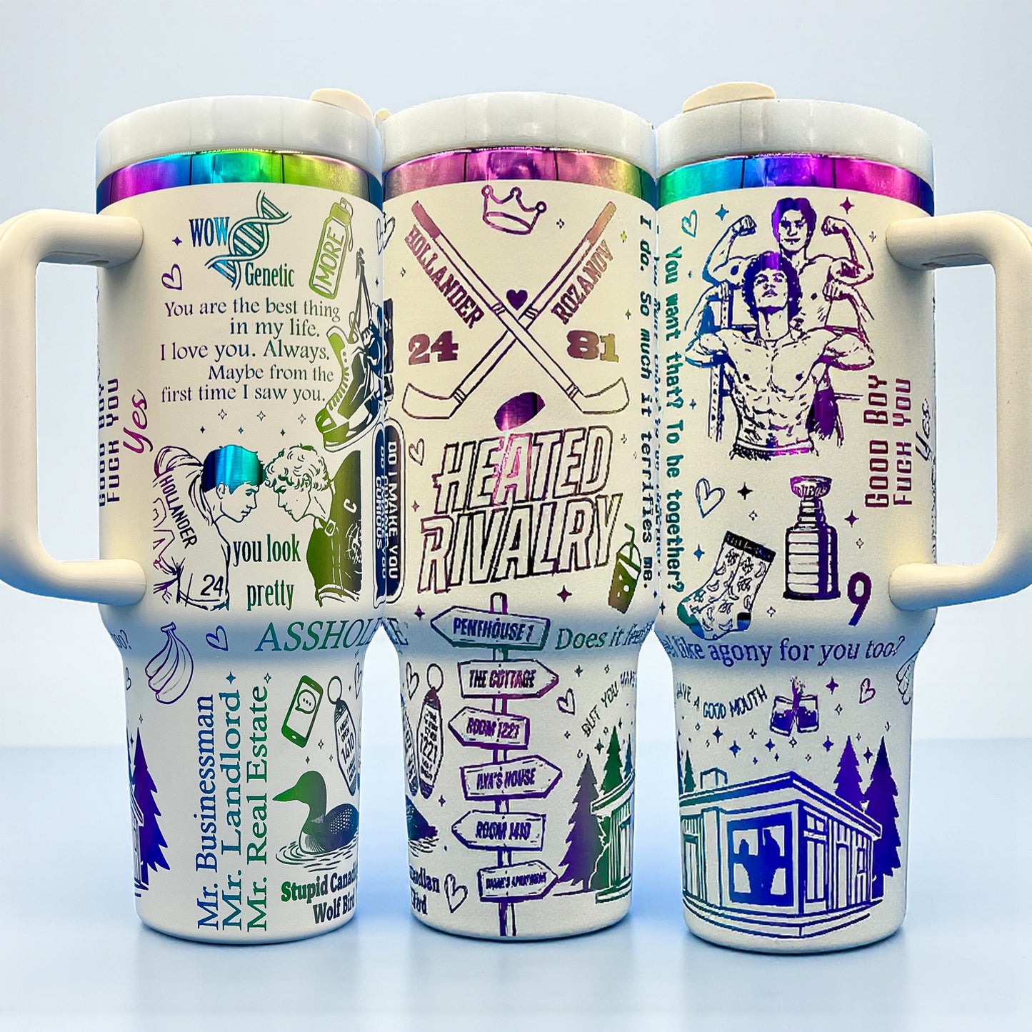 Three colorful mugs with intricate, playful text and graphics, featuring rainbow lids on a light background.