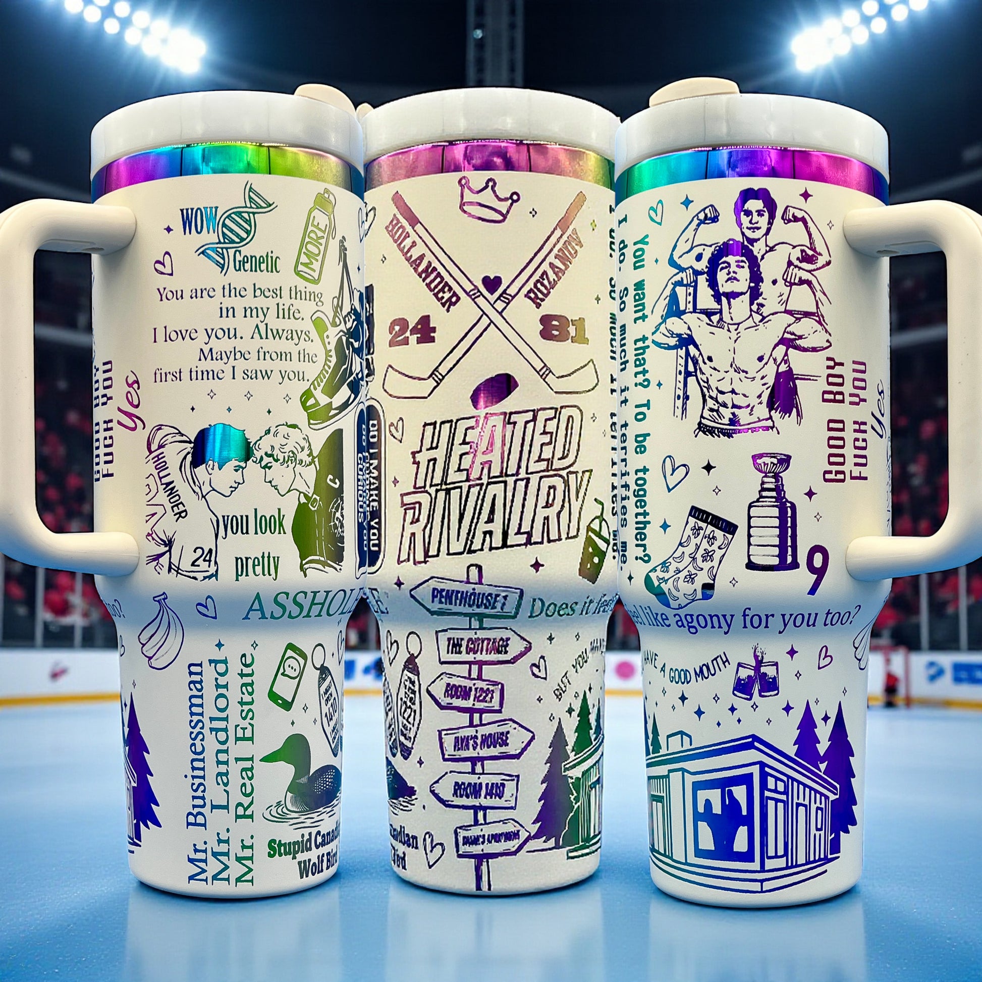 Three large mugs with colorful, intricate designs and text on a hockey rink background.