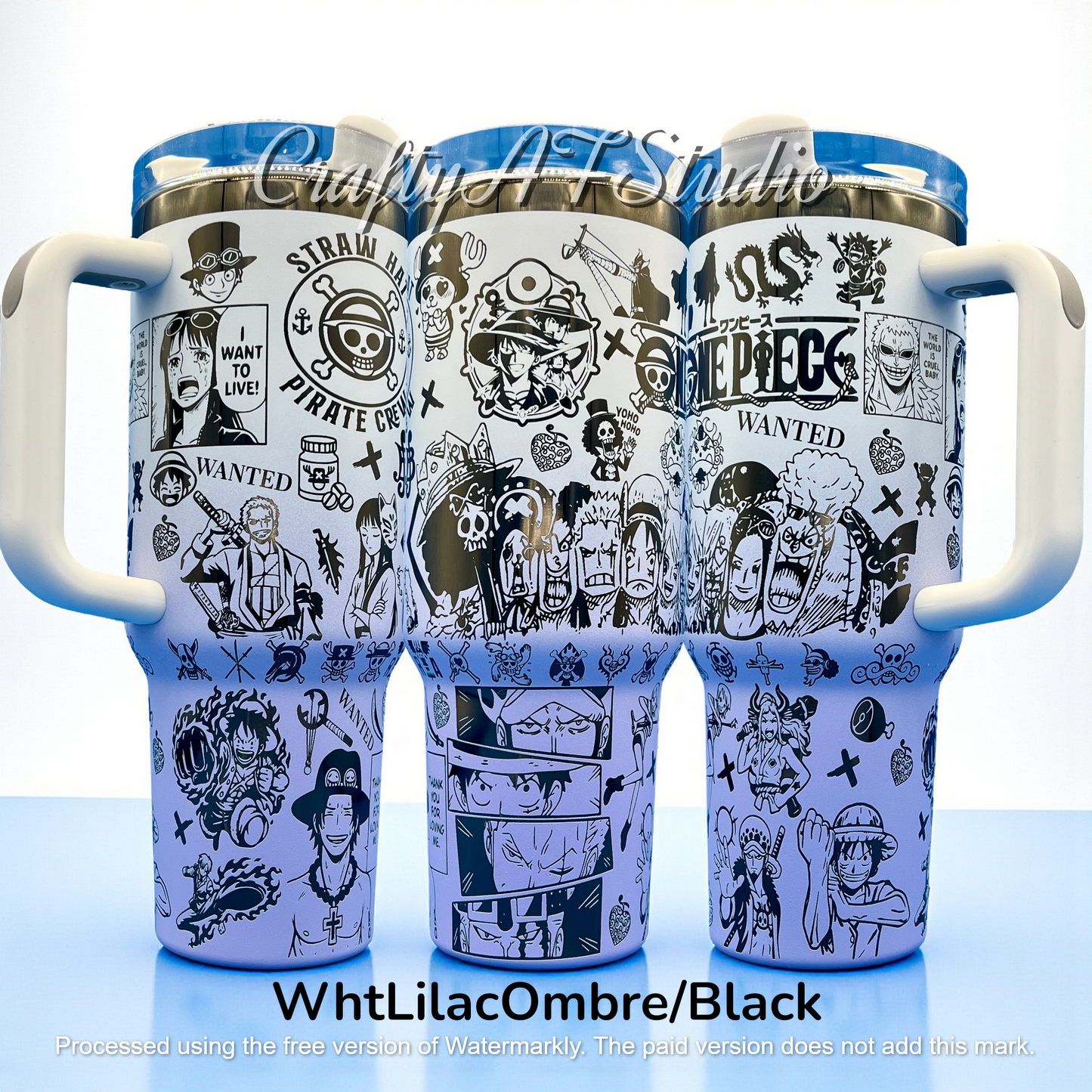 Three white mugs with black anime illustrations, featuring pirate and character designs.