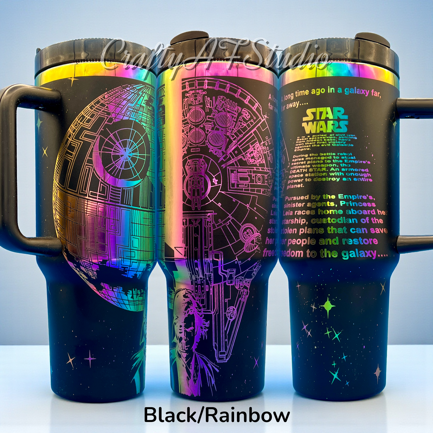 Star W. Light Vs. Dark opening Crawl collage laser engraved tumbler Galaxy Wars 40oz