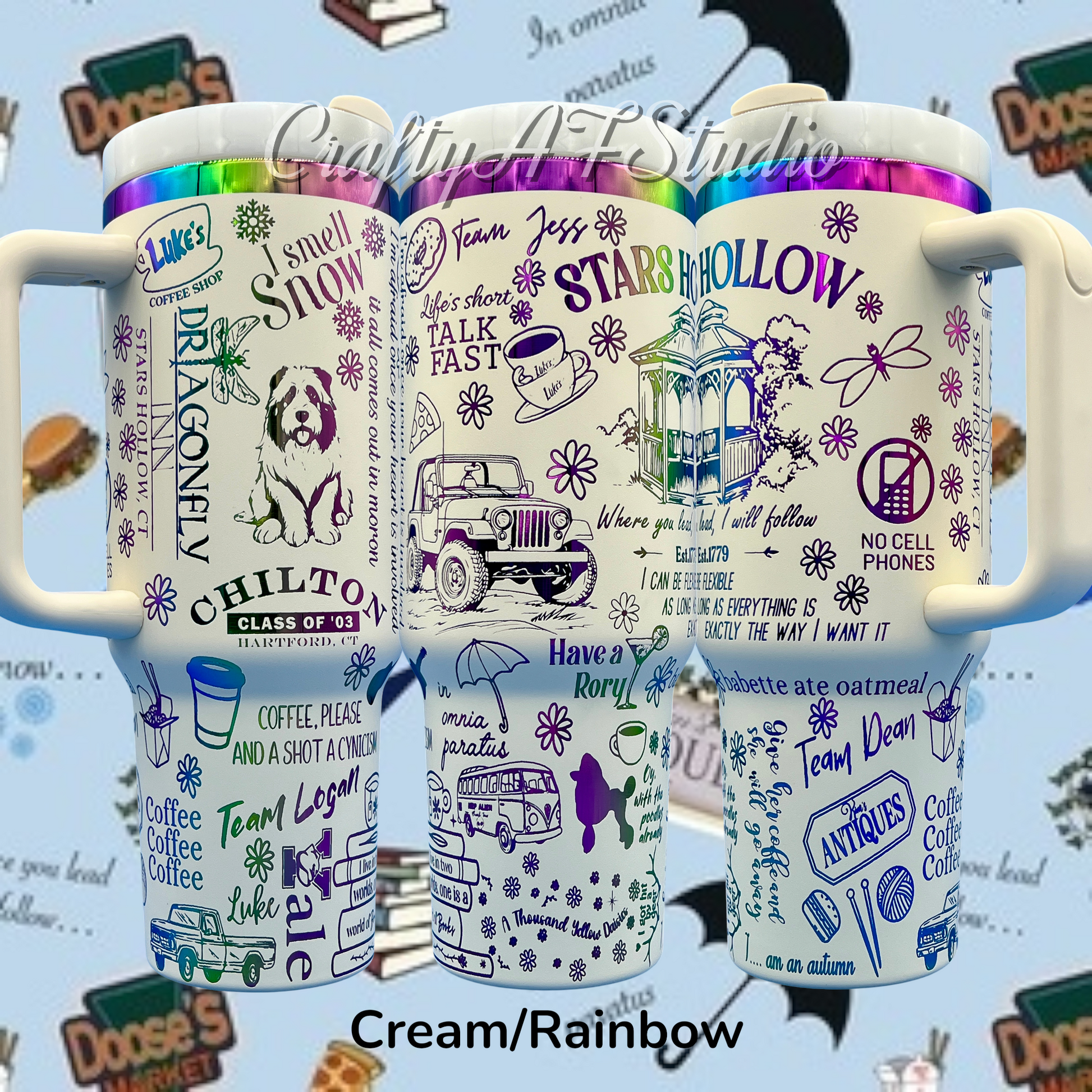 Cream travel mugs with colorful lids, featuring purple illustrations and text referencing various themes.