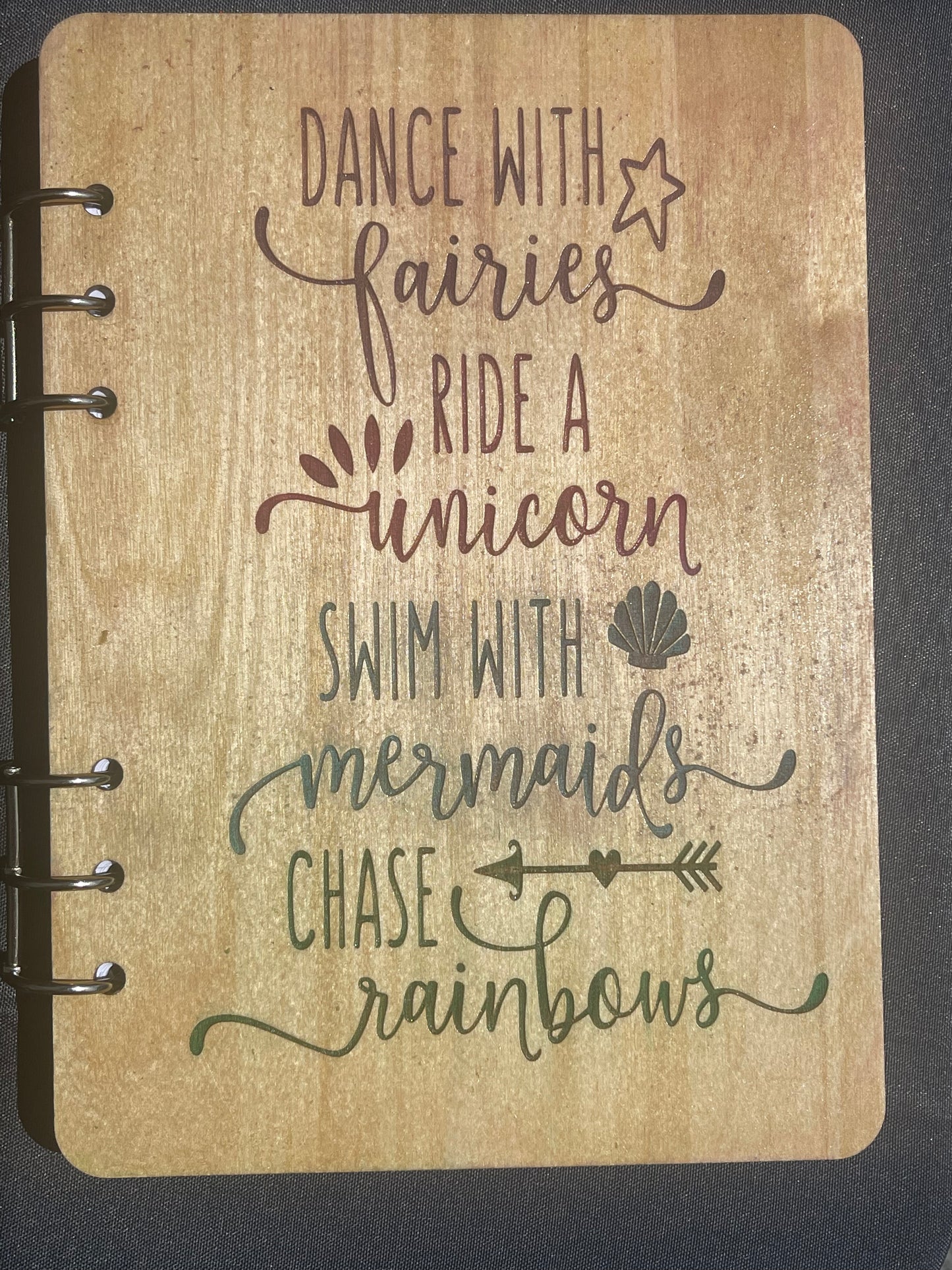 “Fairies, unicorns, and mermaids” wood notebook